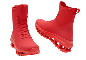 Two red hightop laced sneakers with unique soles are displayed against a black backdrop