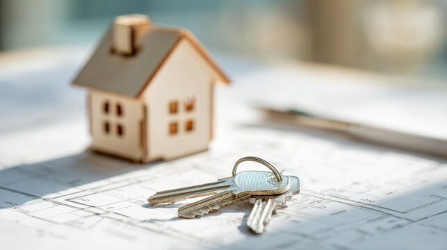 Small wooden house model with keys on architectural blueprint for home construction.
