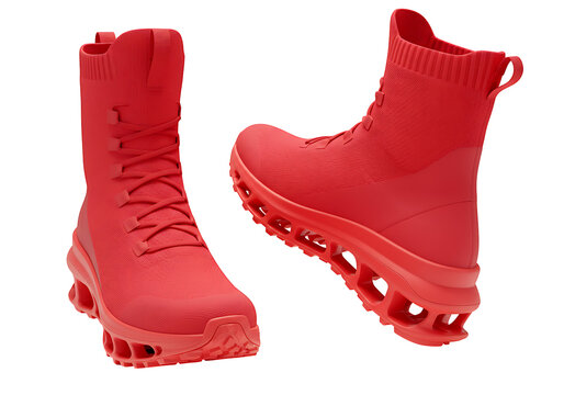 Two red hightop laced sneakers with unique soles are displayed against a black backdrop