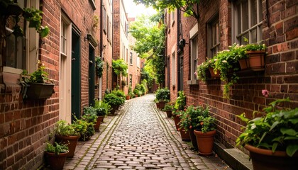 Fototapeta premium Cobblestone Alley: Charming Brick Buildings, Lush Greenery, Serene Atmosphere