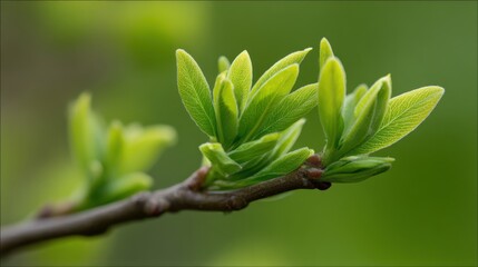Obraz premium Close-up of fresh green plant sprouts on a thin branch with blurred background.