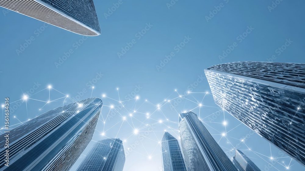 Poster modern skyscrapers with interconnected digital network glowing against clear blue sky.