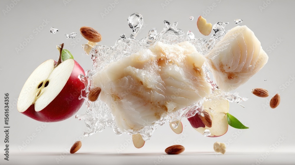 Poster Fresh apple and nut pieces splashing into water with dynamic motion and freshness.