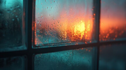 Rainy window with raindrops during sunset creating vibrant colorful blurred background.