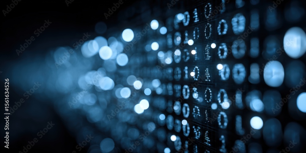 Poster Futuristic Digital Data Stream with Binary Code and Glowing Data Visualization.