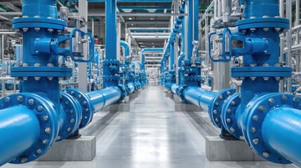 Industrial pipeline system with large pipes and valves in a modern manufacturing plant.