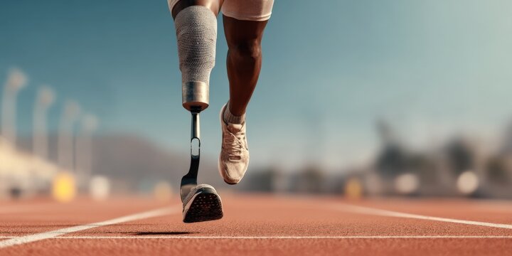 Action shot of a female athlete running on a red outdoor track with a prosthetic leg lifting off the ground during daytime.