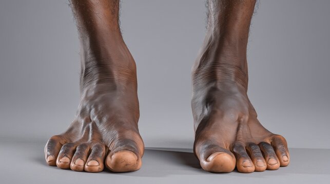 Close up of man's feet showing severe complications from diabetes and related foot issues in a clinical examination setting