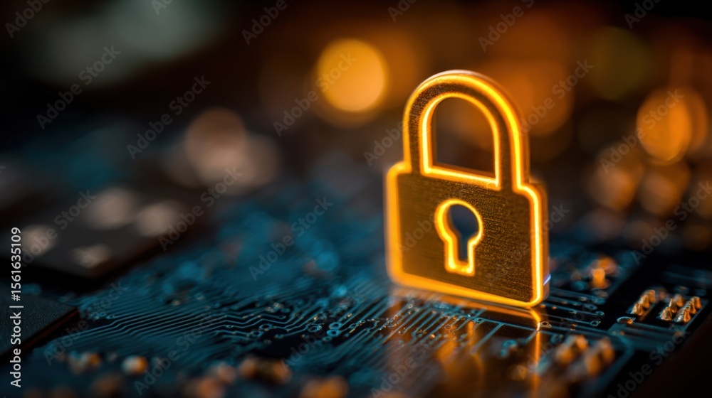 Poster Close-up of glowing digital lock icon on circuit board representing cybersecurity protection.