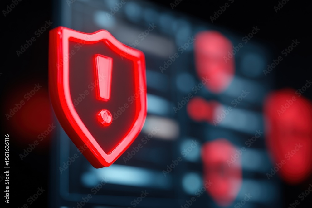 Aufkleber close-up of a bright red neon warning shield with exclamation mark on digital screen.