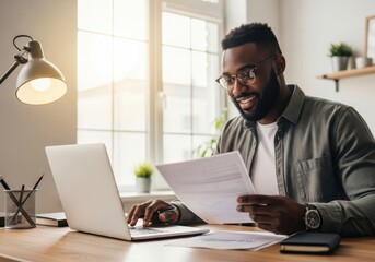 Fototapeta premium Smiling man working on laptop while reviewing documents