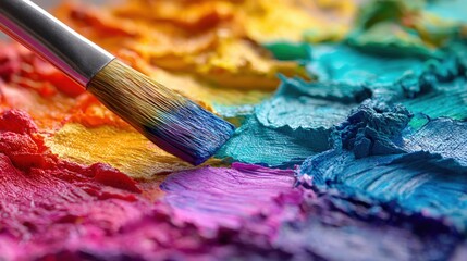 Obraz premium Close-up of vibrant colorful oil paints and paintbrush on textured artistic palette.