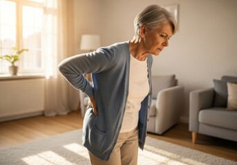 Elderly woman experiencing back pain in bright living room