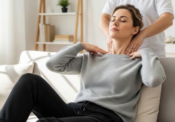 Woman relaxing while receiving neck massage at home