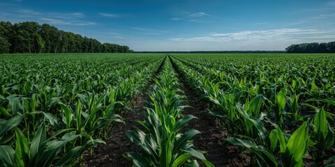 Vast agricultural cornfield with lush green crops under bright blue sky.