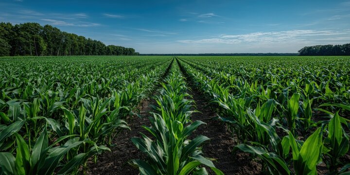 Vast agricultural cornfield with lush green crops under bright blue sky.