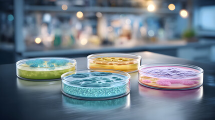 Super macro realistic photo of four petri dishes.