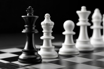 Chess pieces on a board A black king is centered with white pawn queen and bishop chess pieces behind it