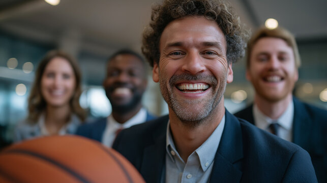 Team Building Fun: Business People Playing Basketball in Office