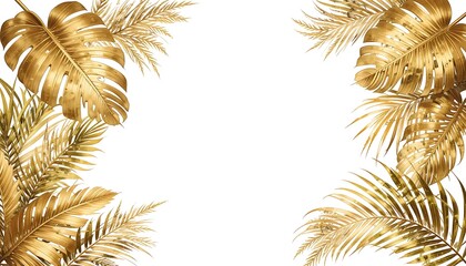 Flat lay of golden tropical palm and monstera leaves on white background forming an elegant frame. Luxury botanical design ideal for invitations, posters, and modern branding.