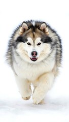 Fototapeta premium Majestic alaskan malamute dog with thick fur running forward in snow isolated on white background