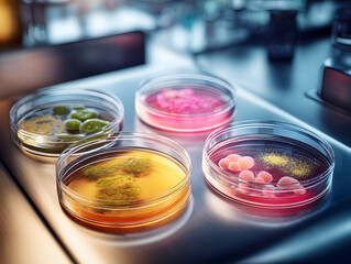 Super macro realistic photo of four petri dishes.