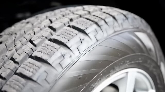 Close-up of a tire with a detailed tread pattern and shiny sidewall