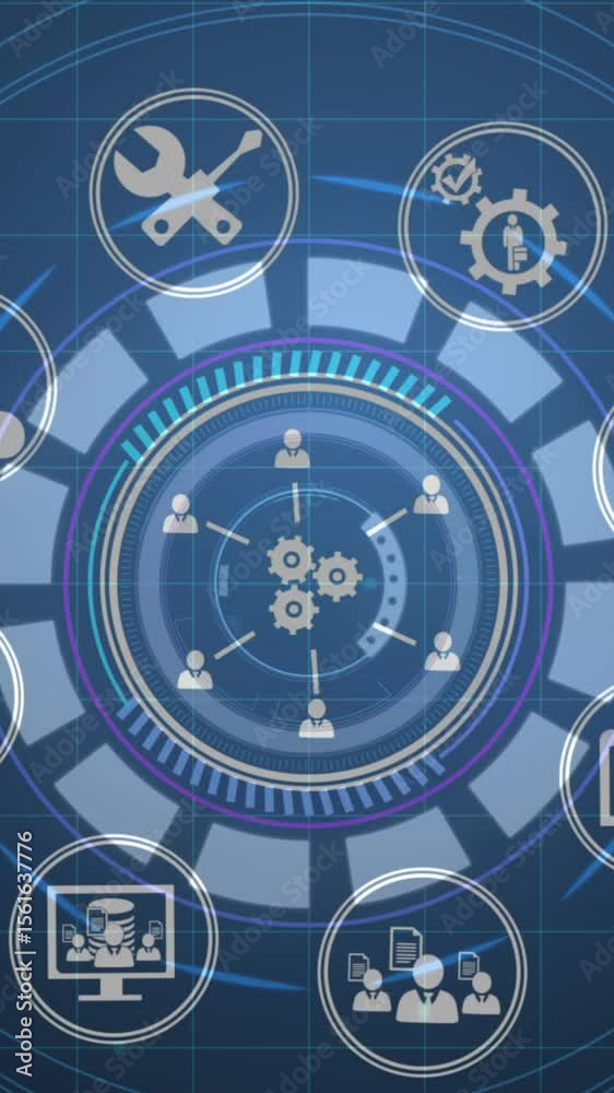 Poster animation of scope scanning, digital icons and data processing with world map in background