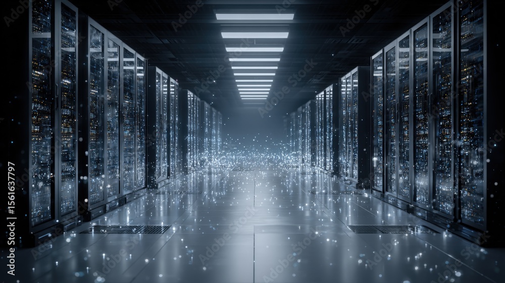 Poster Futuristic data center with illuminated server racks and digital data visualization.