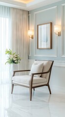 Light-filled living room corner with off-white armchair