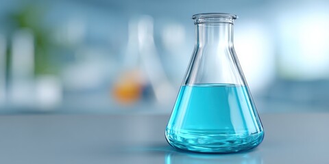 Clear glass laboratory beaker filled with blue liquid on scientific research workspace.