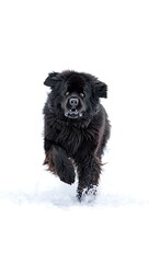 Obraz premium Majestic black newfoundland dog running through snow with wet fur isolated on white background