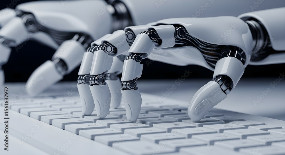  robot hand typing on a computer keyboard. artificial intelligence concept, machine learning, and aut