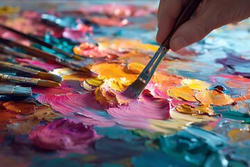 Obraz premium Artist s hand holding a brush mixing vibrant oil paints on a palette isolated on white background