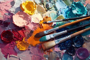 Fototapeta premium Artistic paint palette with brushes and thick impasto strokes isolated on white background