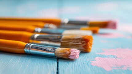 Fototapeta premium Close up of various paintbrushes with colorful pastel paint on textured wooden surface.