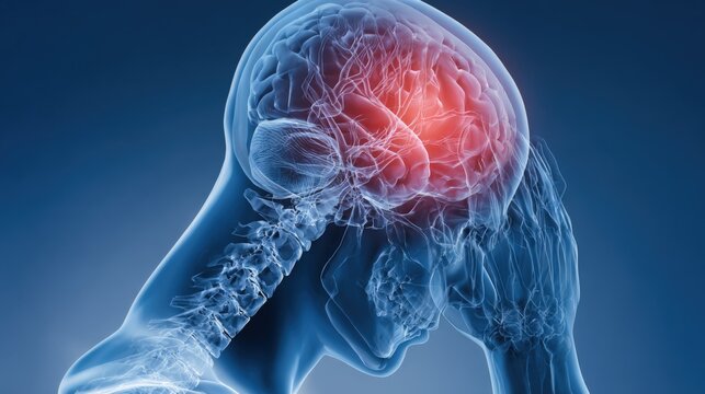 Digital illustration of a human head with highlighted brain showcasing neurological activity and pain.
