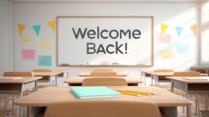Fototapeta premium Classroom with welcoming whiteboard and colorful decorations for students returning to school.