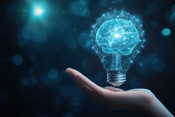 Open palm holding holographic bulb with animated brain network inside