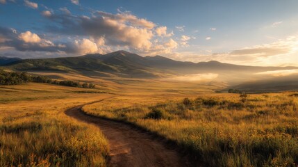Fototapeta premium Scenic landscape with winding dirt road lush fields distant mountains under blue sky.