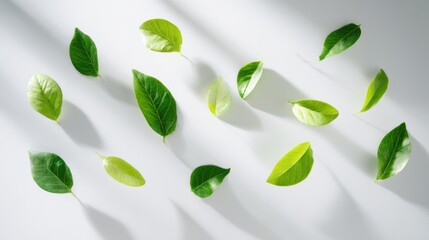 Fresh vibrant green leaves scattered on white surface with shadows and natural light.
