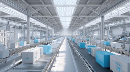 Fototapeta premium Modern automated warehouse with conveyor belts and blue storage units in spacious industrial facility.