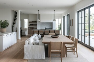 Open dining room with minimalist lines, subdued color palette and refined style