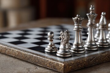 Chessboard with silver chess pieces including a pawn knight queen king and bishop set against a blurred background