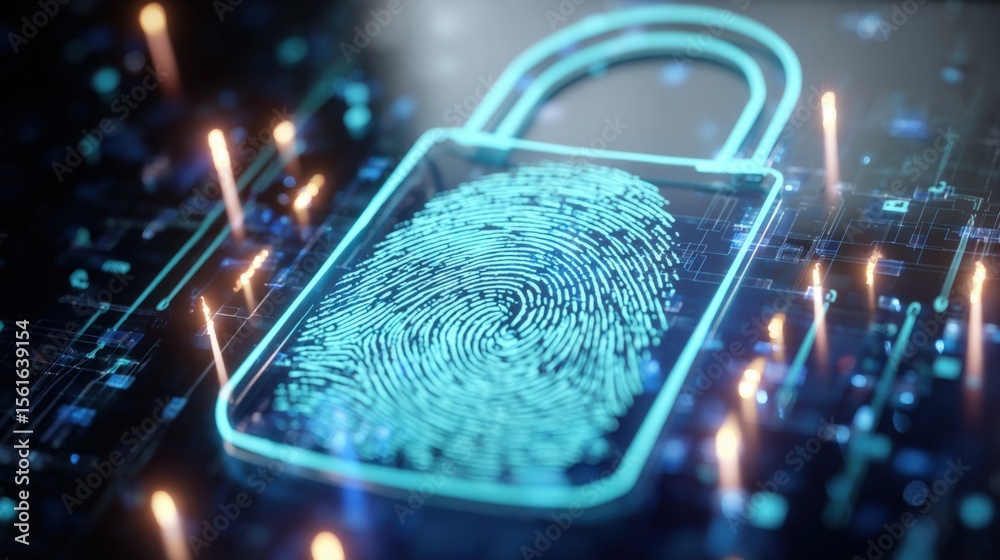 Poster Digital Security Lock Fingerprint Scan Technology Cybersecurity Concept Image.