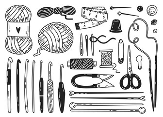 Crochet and knitting tools and materials. Needles, hooks, yarn, scissors doodles. Hand-drawn illustration of tools for handmade craft. Vector line design elements.