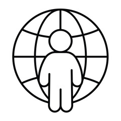 Freelancer man at world globe thin line icon, design recruitment concept. Vector graphics. Remote worker man, human recourse sign on white background, style mobile or design.