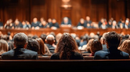 Audience attending a formal judicial or courtroom hearing with judges and lawyers present.