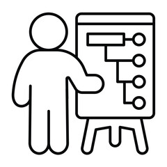 Man at whiteboard infographics thin line icon, design recruitment concept. Vector graphics. Human with presentation stand sign on white background, style mobile or design.