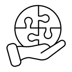 Hand with puzzle game bubble thin line icon, design recruitment concept. Vector graphics. Puzzle piece in hand, training sign on white background, style mobile or design.